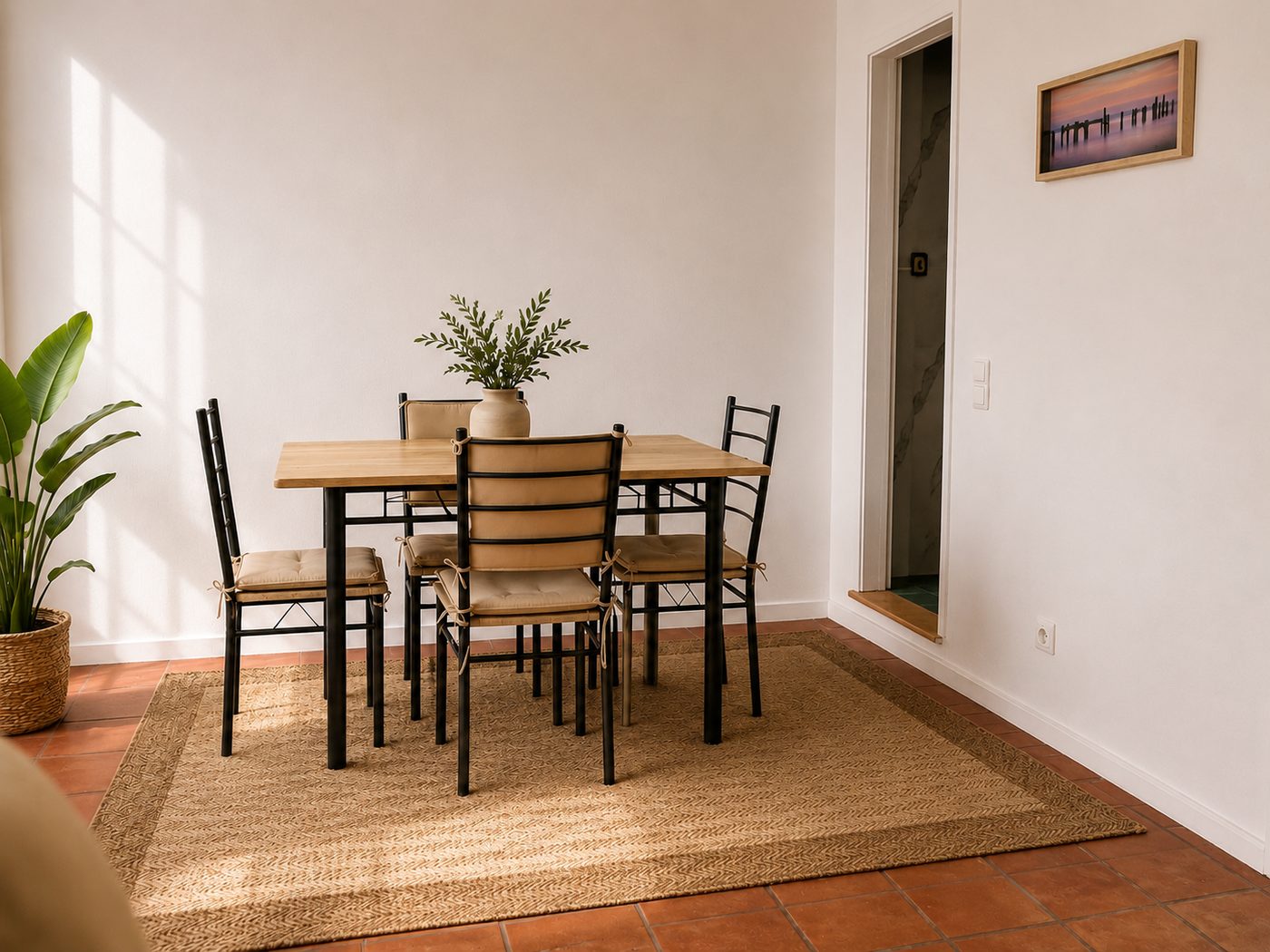 Small dining table for four with woven rug and potted plant