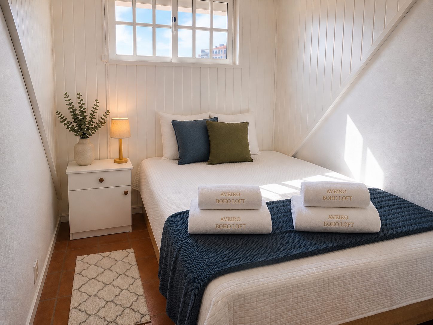 Bedroom at Aveiro Boho Loft with white panelled walls, navy throw and folded towels monogrammed Aveiro Boho Loft