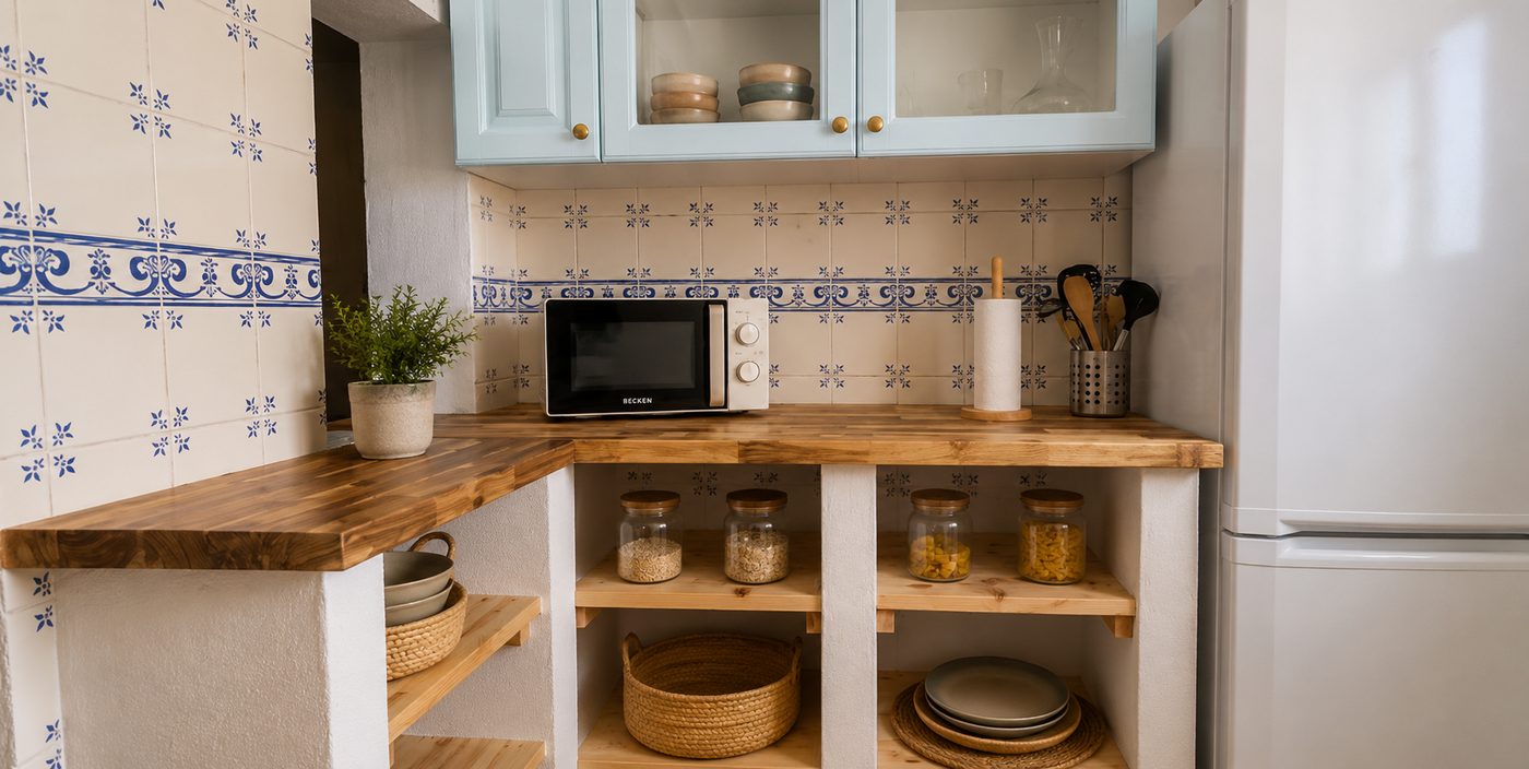 Kitchen shelving with glass-front cabinets and woven baskets