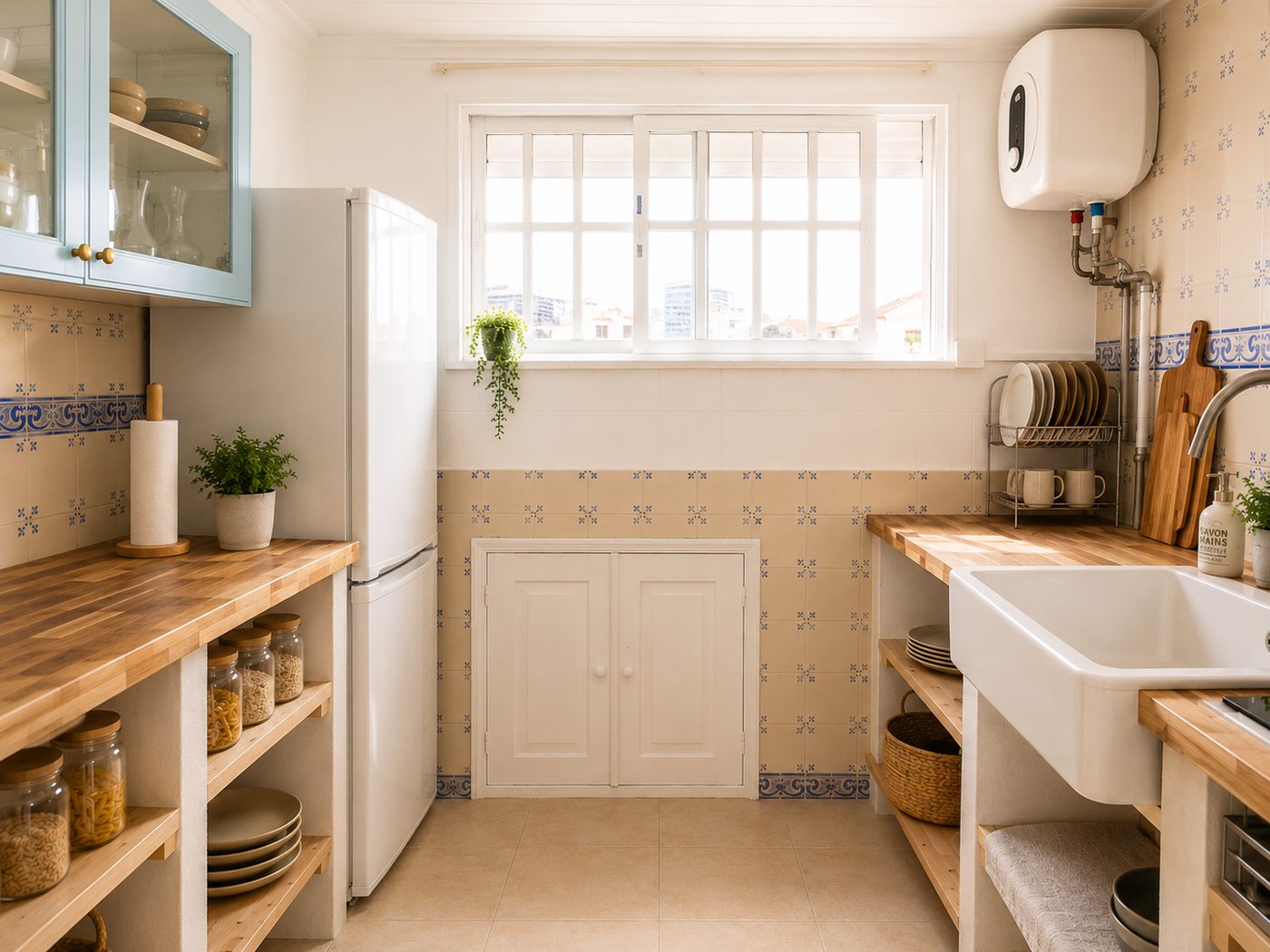 View of full kitchen with fridge, sink and window over the street