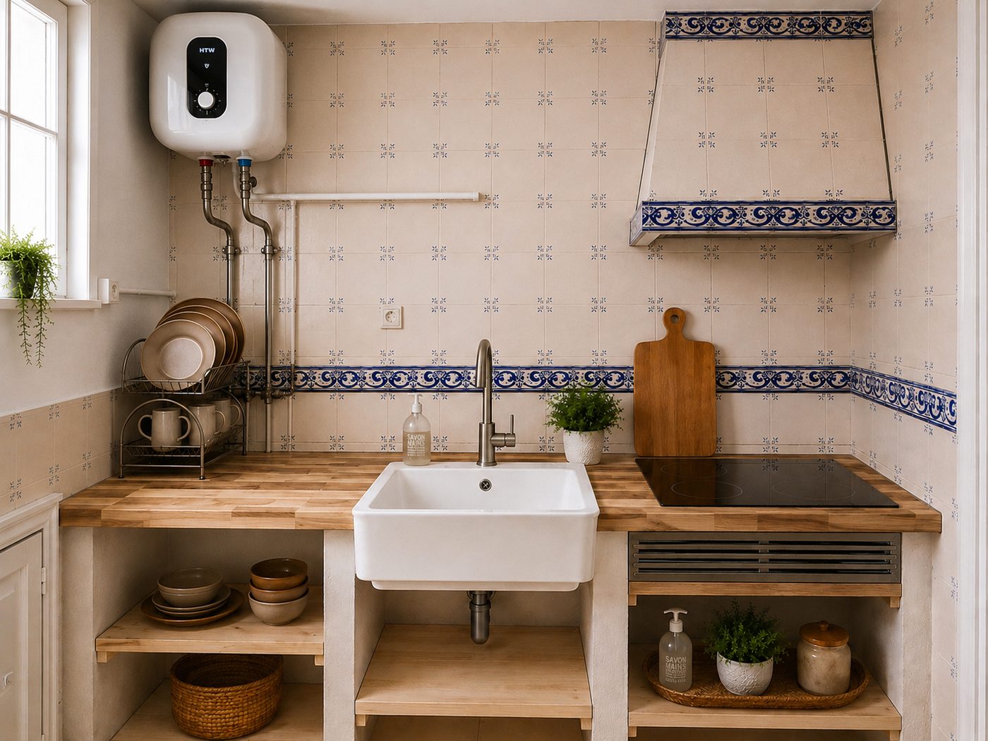 Kitchen counter with butcher-block wood surfaces and hand-painted azulejo tile