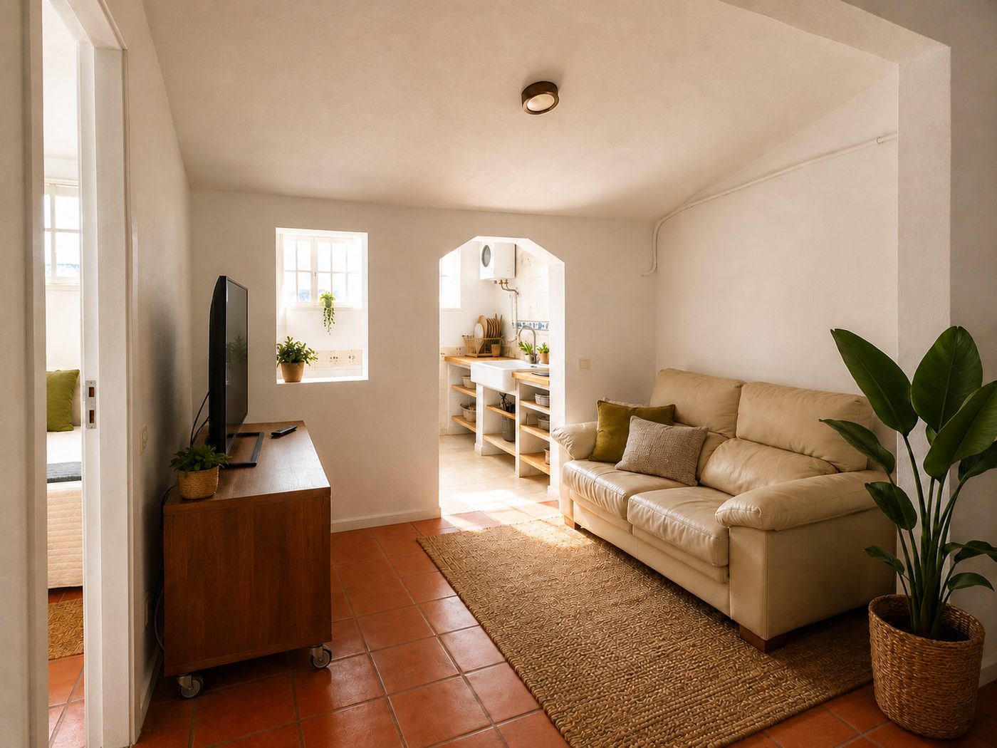 Living room with cream sofa, jute rug and terracotta floor tiles
