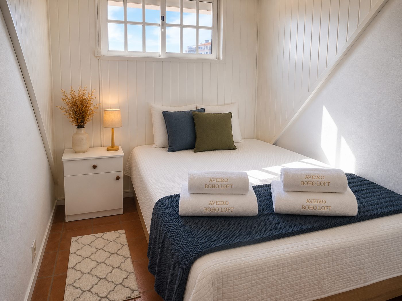 Bedroom with white panelled walls, navy throw and olive and mustard cushions