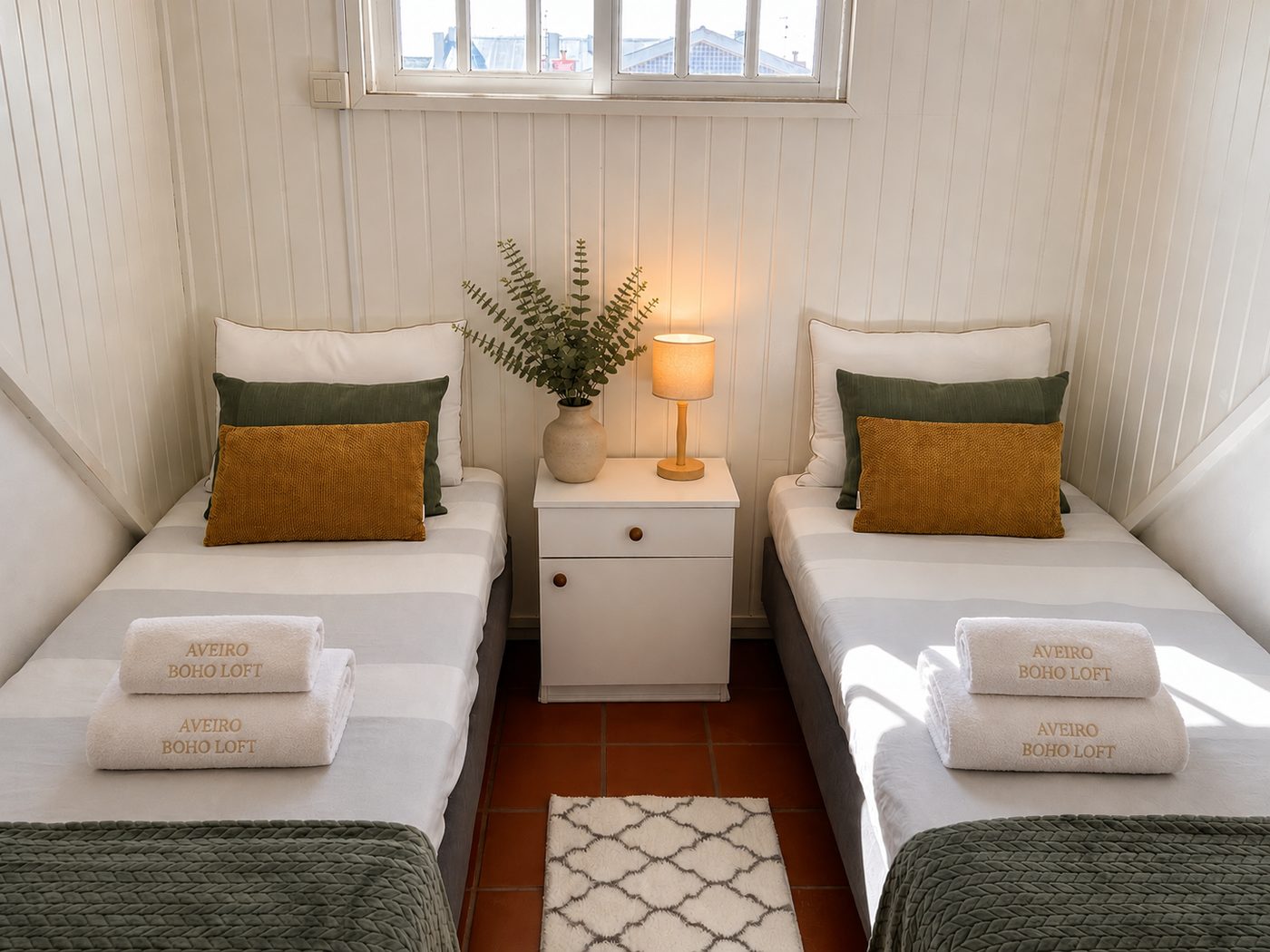 Twin bedroom with two single beds and mustard cushions
