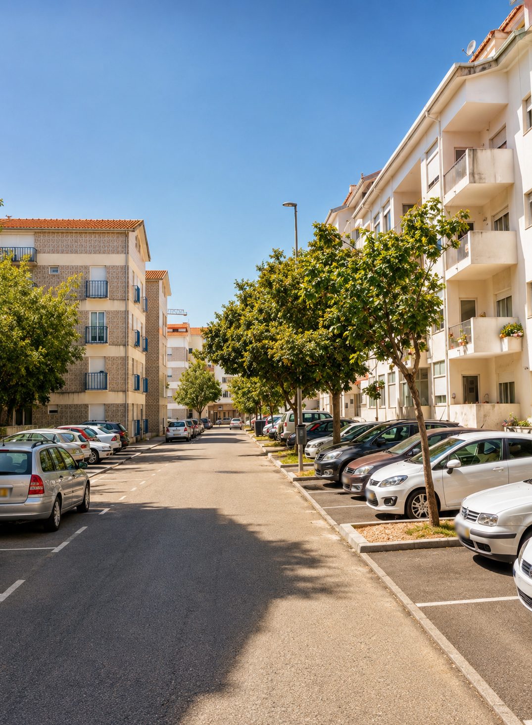 Rua Aviação Naval in Bairro do Liceu, Aveiro, lined with trees and residential buildings